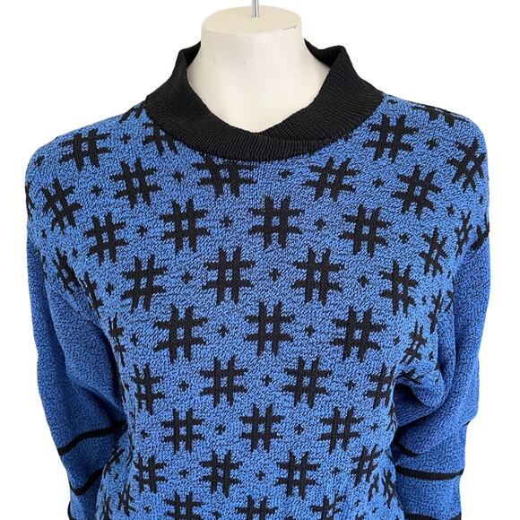 VTG 80s High Neck Drop Sleeve Hashtag Plus Sign Knit Sweater Blue Black SZ 6 - Picture 5 of 9
